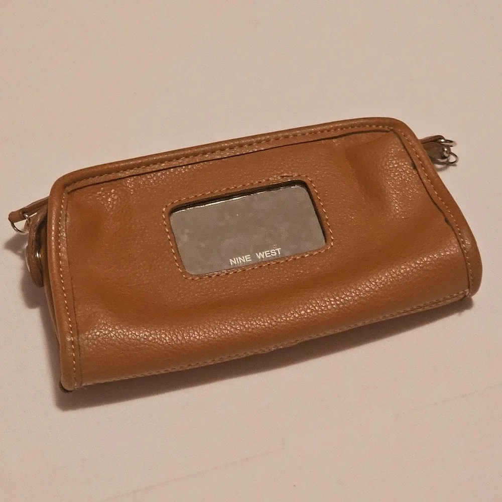 Nine West Brown Faux Leather ‎ Makeup Bag Vintage Mirror